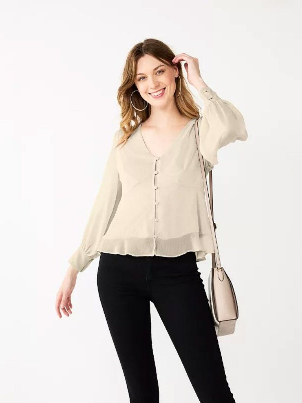 Nine West Long Sleeve V-Neck Button Front Chiffon Blouse Ivory Size XL NEW - Picture 1 of 8
